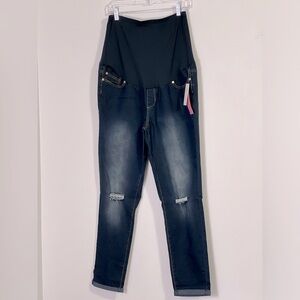Oh! Mamma Maternity Full Panel Dark Wash Distressed Straight Leg Size 12
